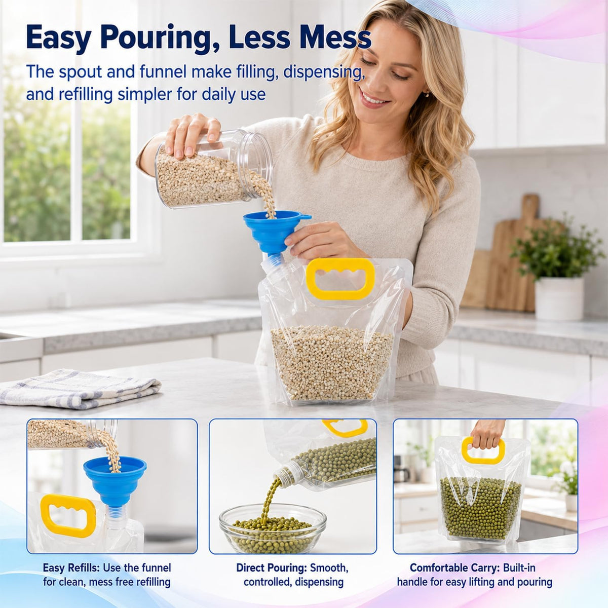 Airtight Grain Storage Bags with Handle, 5 Pack Stand-Up Food Storage Pouches for Rice, Flour & Beans
