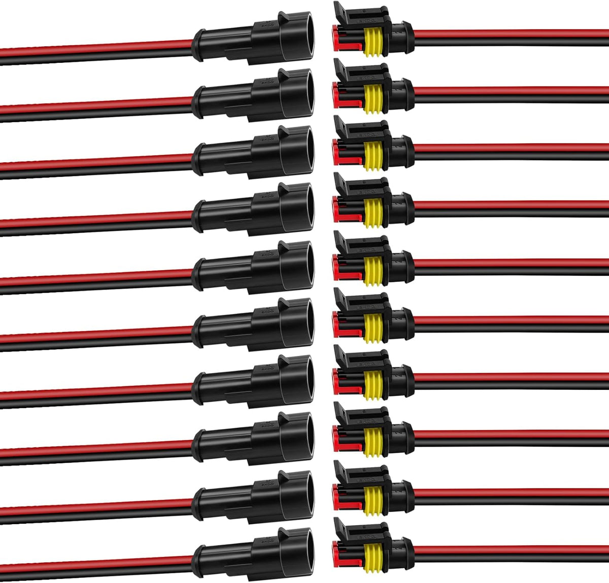 10-Set Waterproof Automotive Electrical Connectors, 16 AWG 2 Pin with Leads