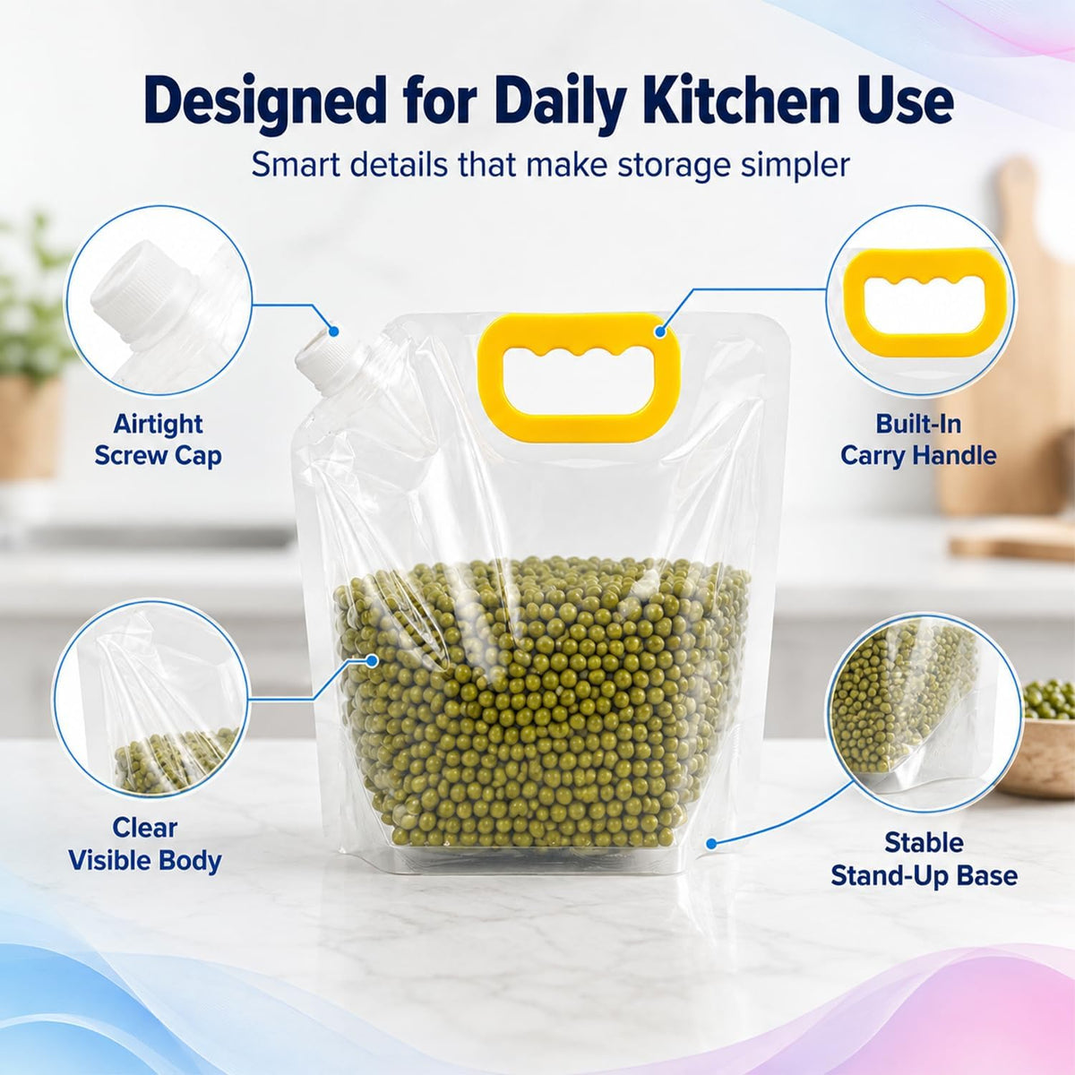 Airtight Grain Storage Bags with Handle, 5 Pack Stand-Up Food Storage Pouches for Rice, Flour & Beans