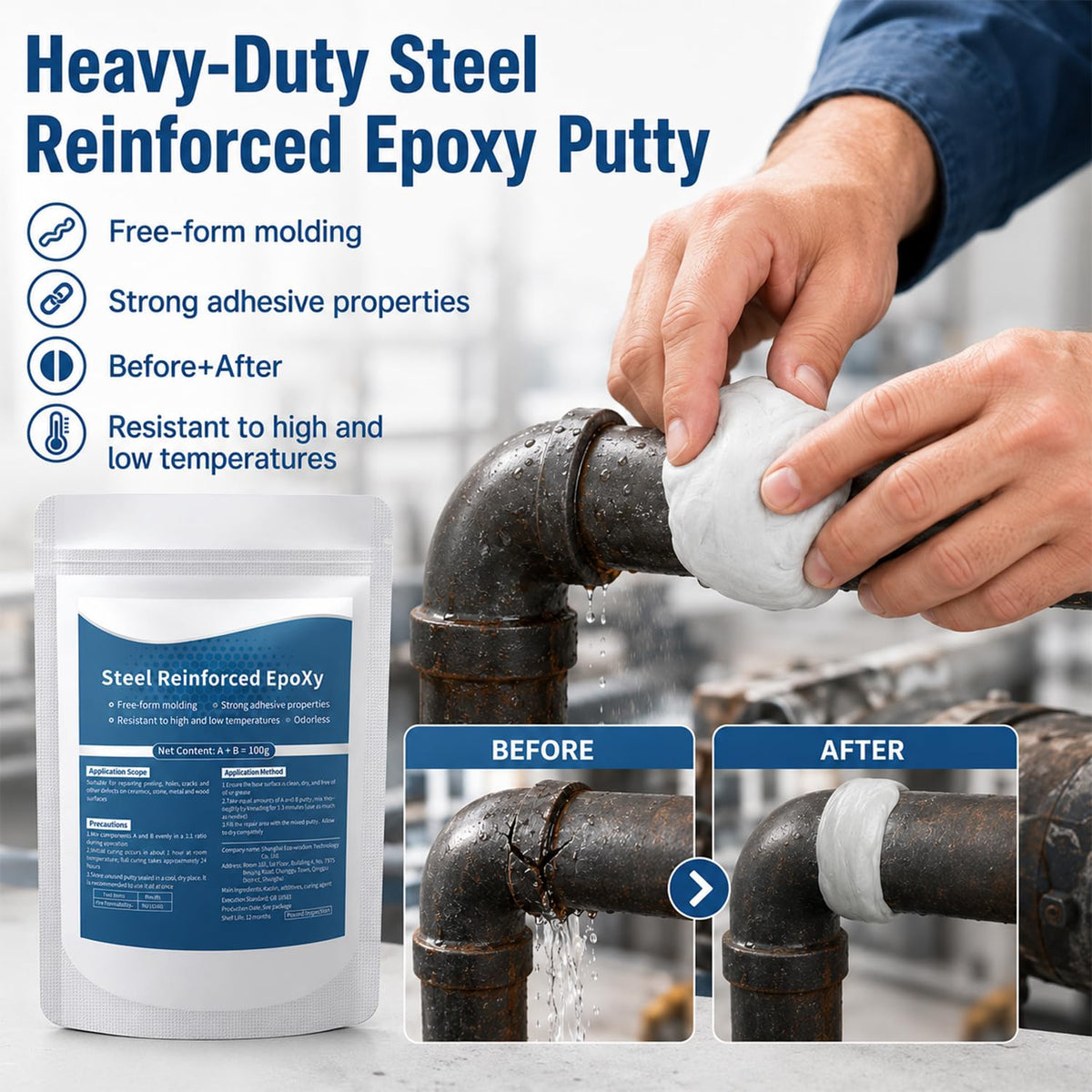 Steel Reinforced Epoxy Putty, 100g Two-Part Fast Repair Clay for Metal, Pipes, Wood, Ceramic & Plastic