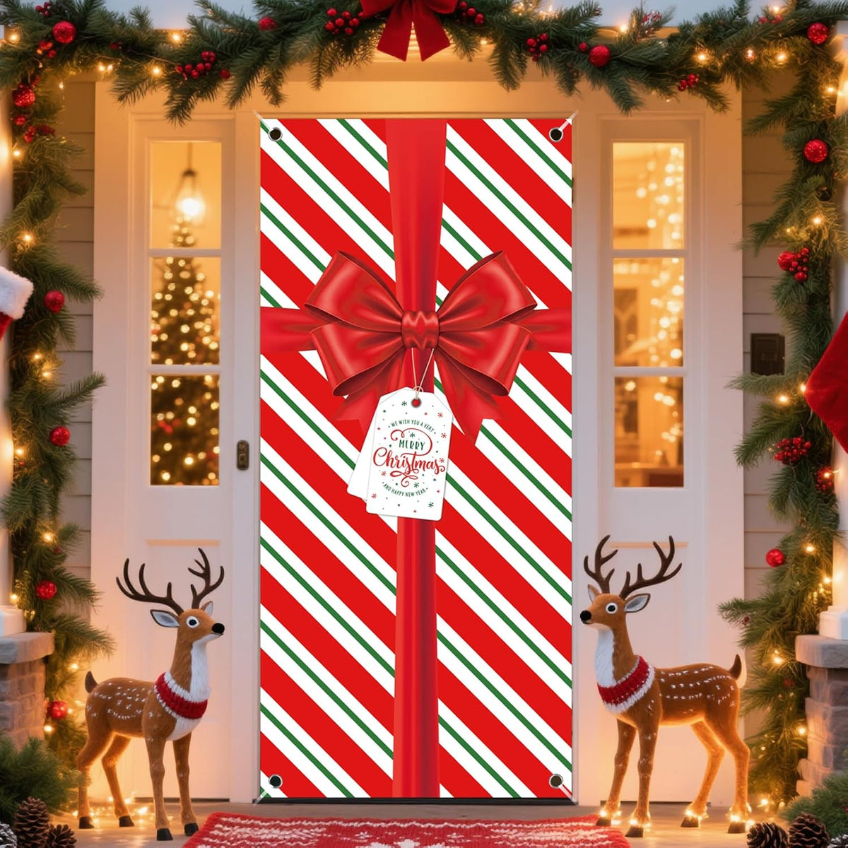 Christmas Door Cover, 79 x 35 in Red Bowknot Gift Door Banner