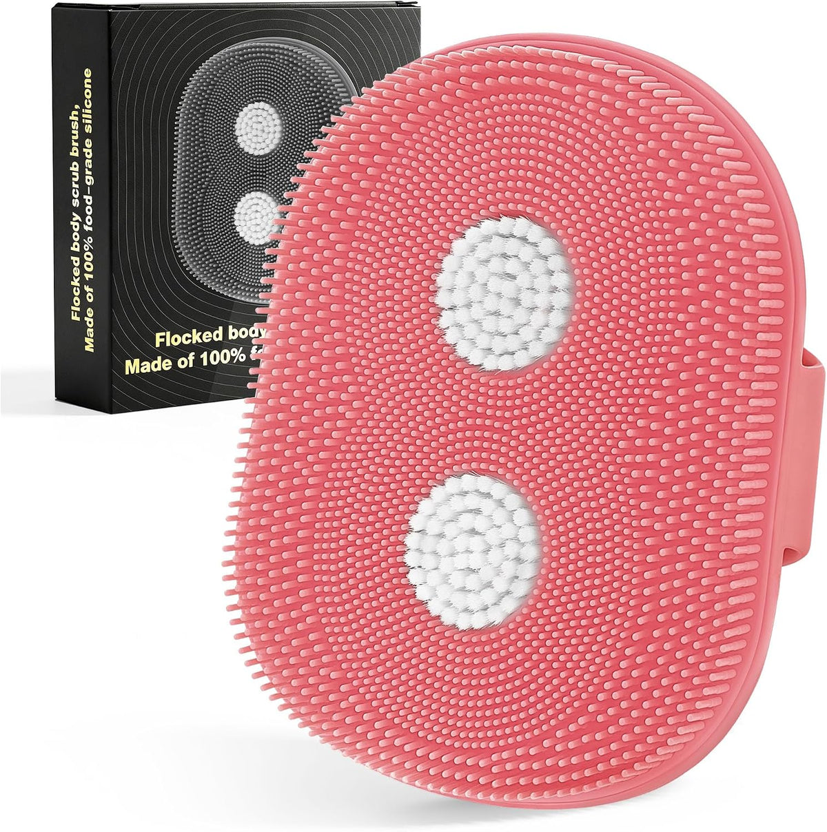 Silicone Body Scrubber with Flocked Bristles and Hand Strap, 5 Inch Pink