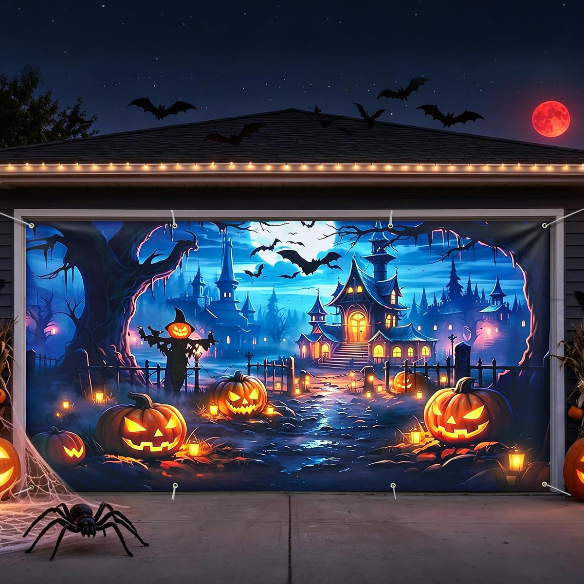 6 x 13 ft Halloween Garage Door Banner, Haunted Graveyard Scene Decoration