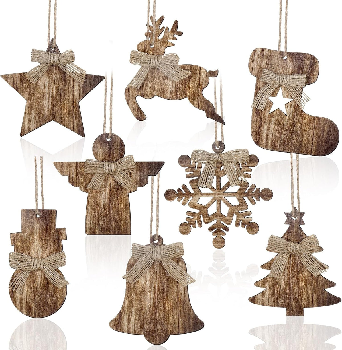 8-Piece Rustic Wooden Christmas Tree Ornaments, Vintage Farmhouse Hanging Decorations