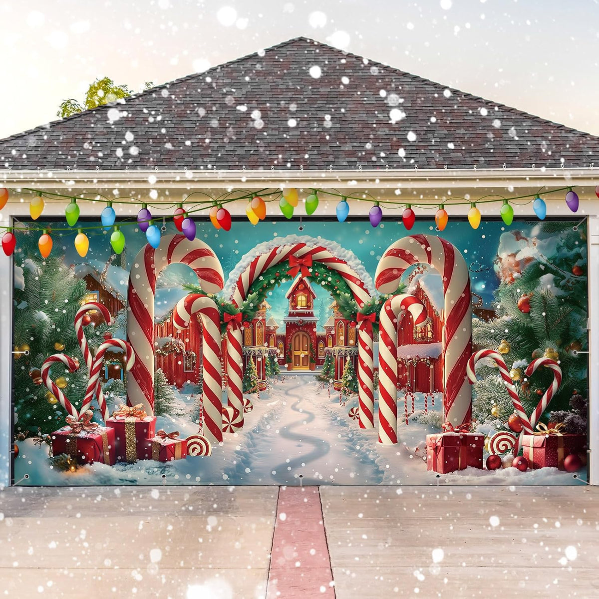 6 x 13 ft Christmas Garage Door Banner, Candy Cane Snow Scene Backdrop