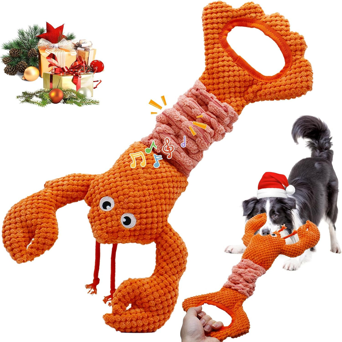 Lobster Plush Squeaky Dog Toy with Stretchy Tug Band, Interactive Chew Toy