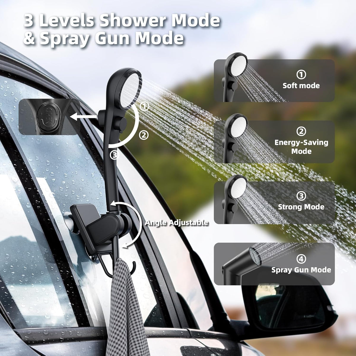 Moriko Portable Camping Shower Kit, 6000mAh Rechargeable Pump, LED Display, Filtered Shower Head, 5 Gal Foldable Bucket