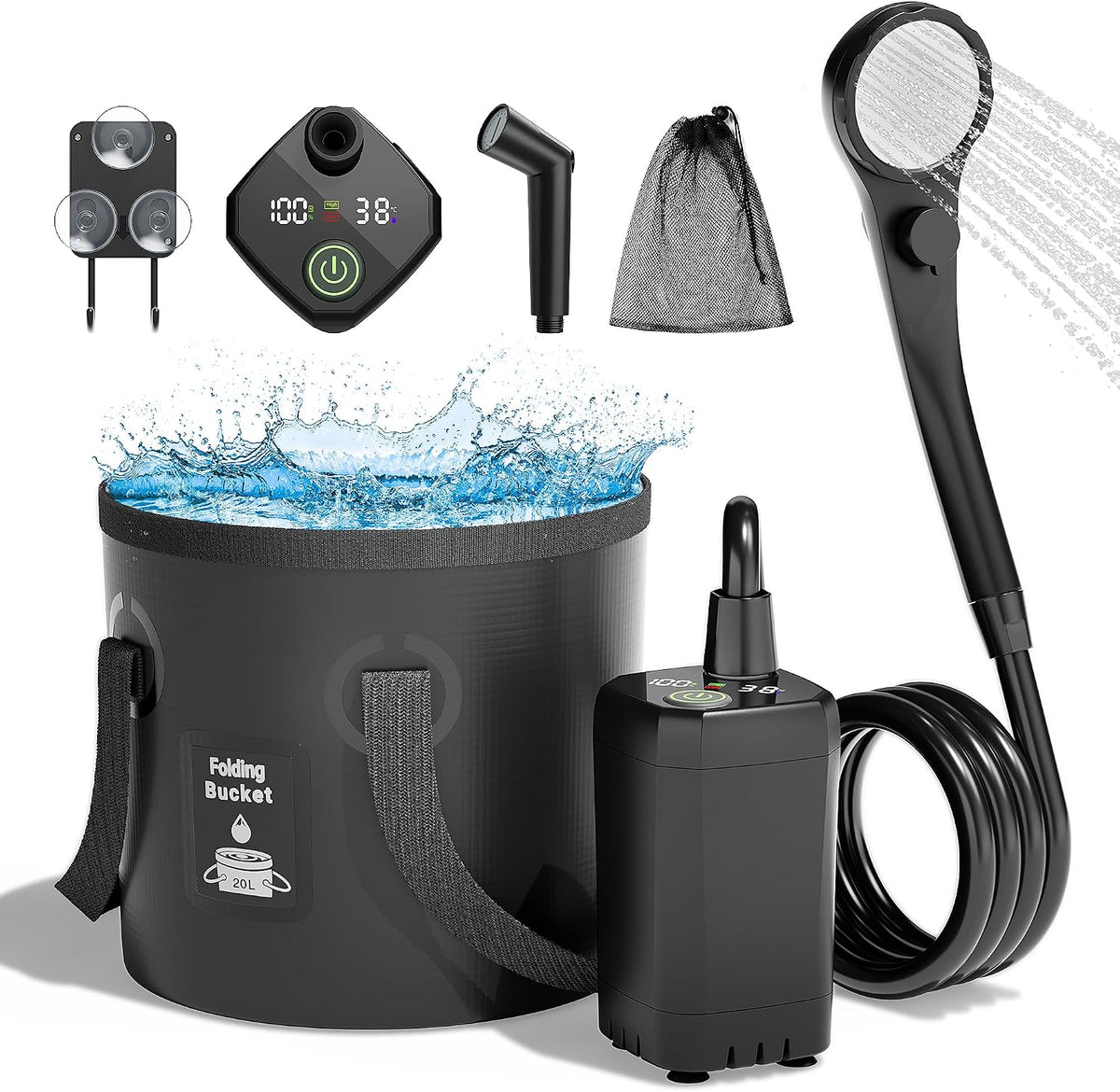 Moriko portable camping shower kit with black foldable bucket