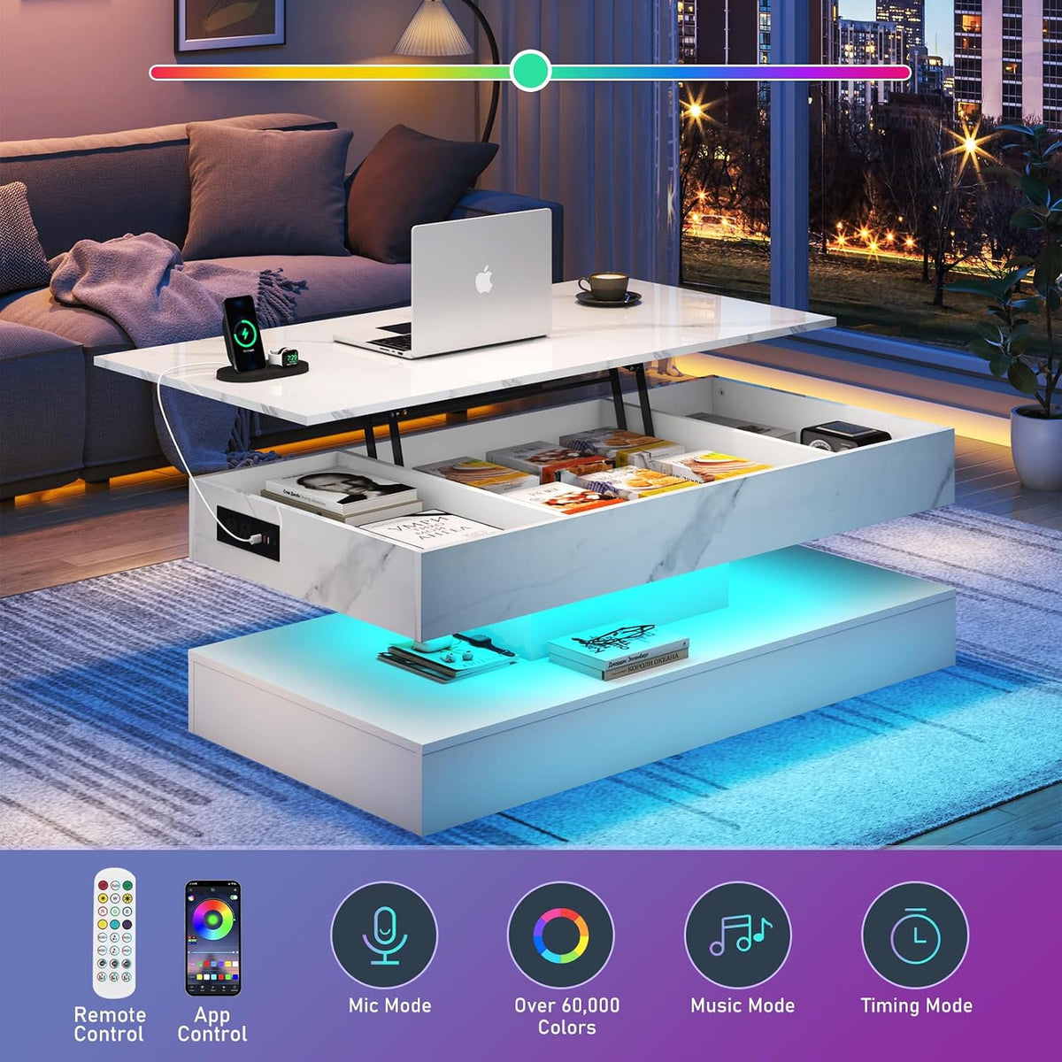 47.2" Lift Top Coffee Table with LED Lights, Charging Station & Hidden Storage, White Marble