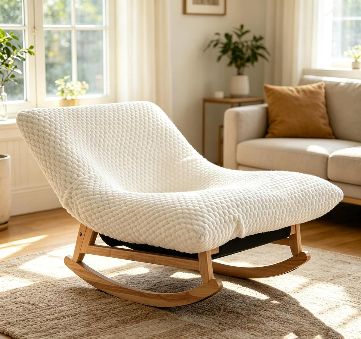 Bean Bag Rocking Chair for Adults, Solid Wood Frame, Corduroy Lazy Sofa, Antique White