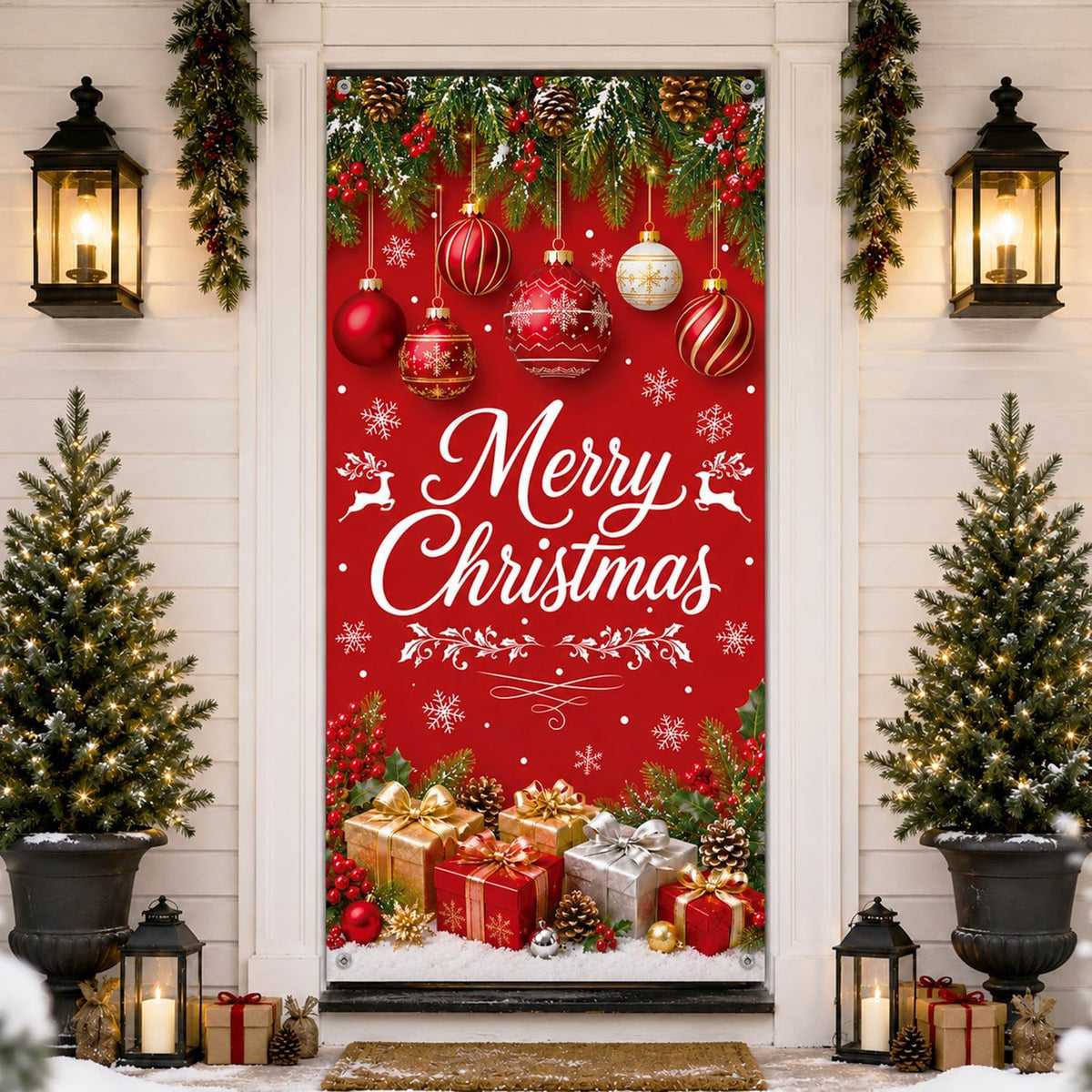 Merry Christmas Door Cover, 35 x 71 in Gift Box and Ornament Door Banner