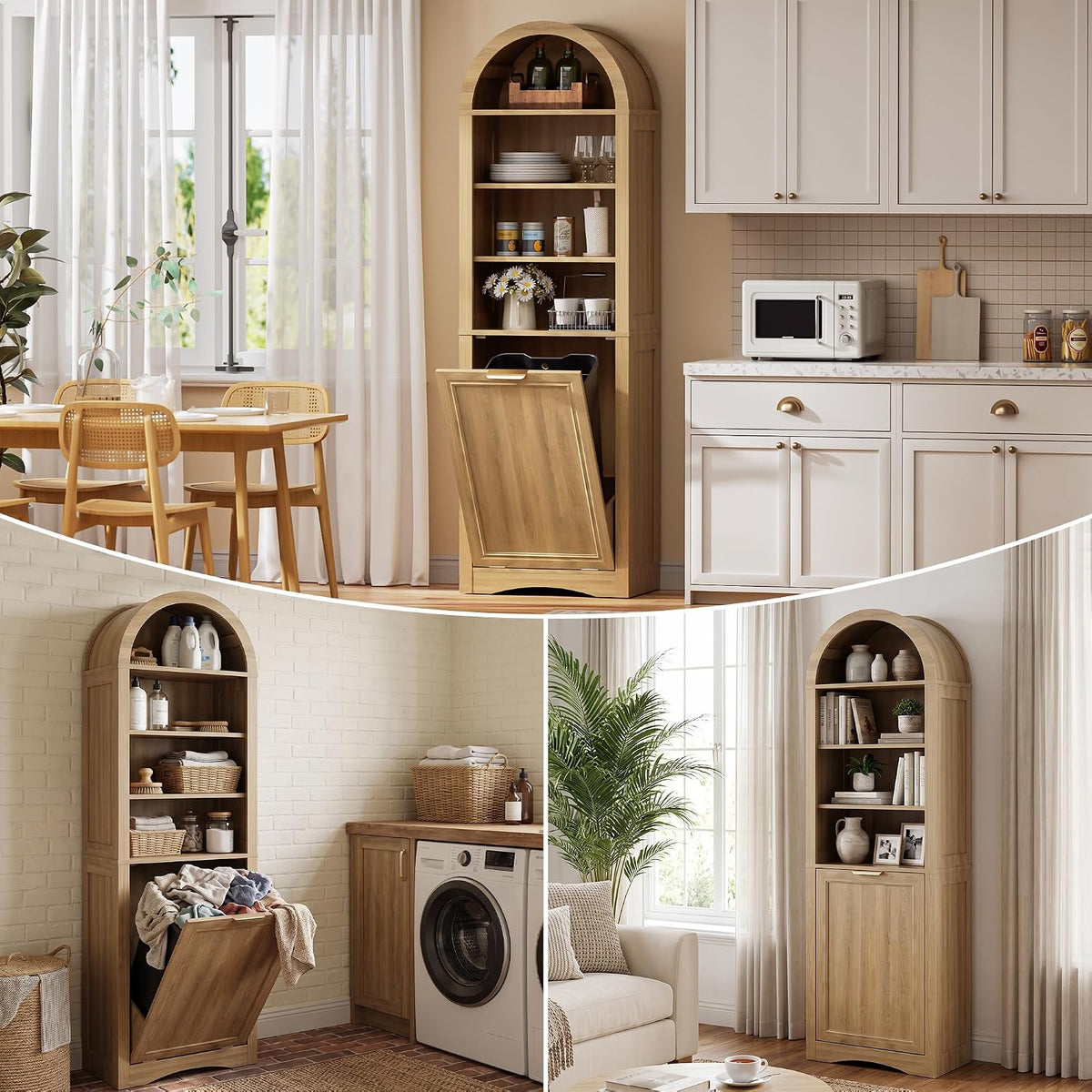 Arched Tilt-Out Trash Can Cabinet, 13 Gallon Hidden Bin with 3-Tier Open Shelves, Natural Wood