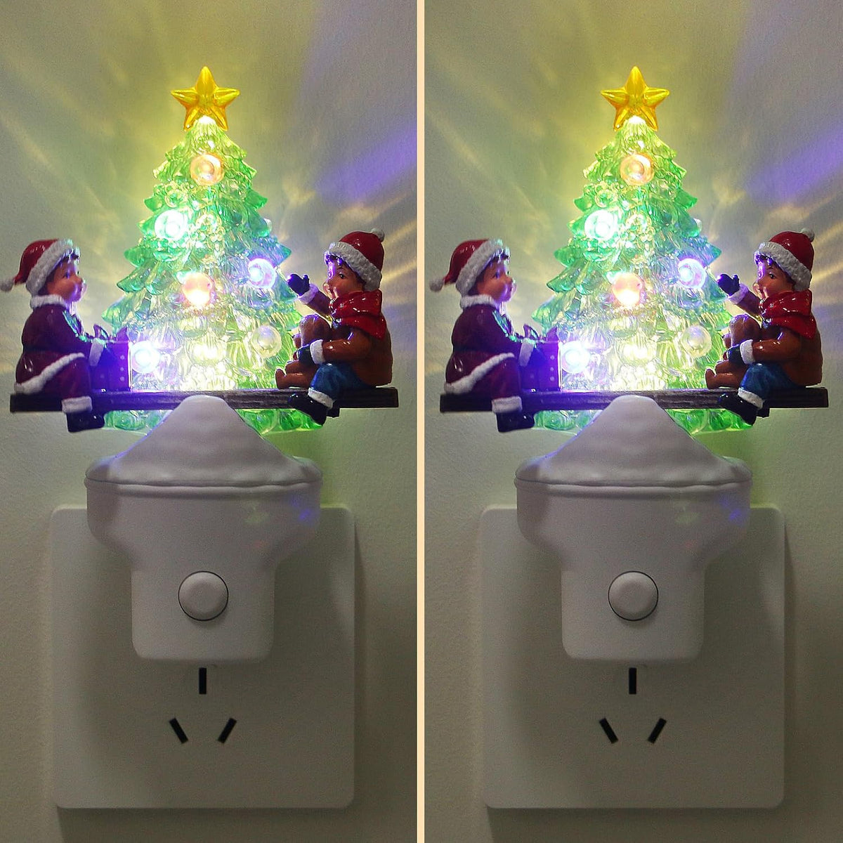 2-Pack Christmas Tree Night Lights, Plug-In LED Holiday Nightlight with USB Option