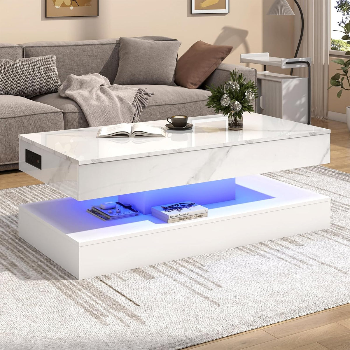 47.2" Lift Top Coffee Table with LED Lights, Charging Station & Hidden Storage, White Marble