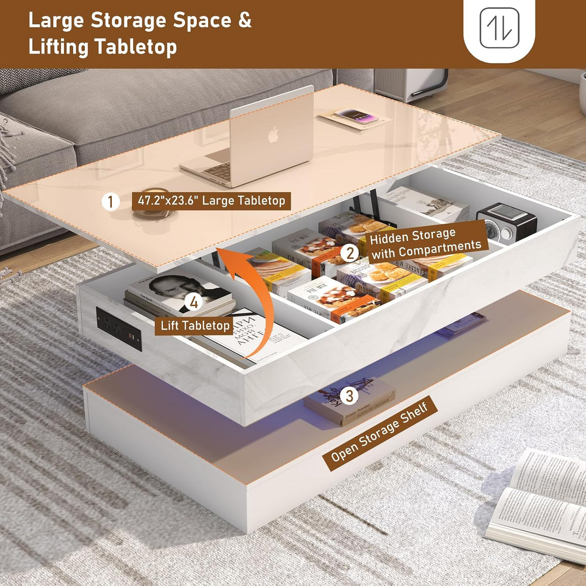 47.2" Lift Top Coffee Table with LED Lights, Charging Station & Hidden Storage, White Marble