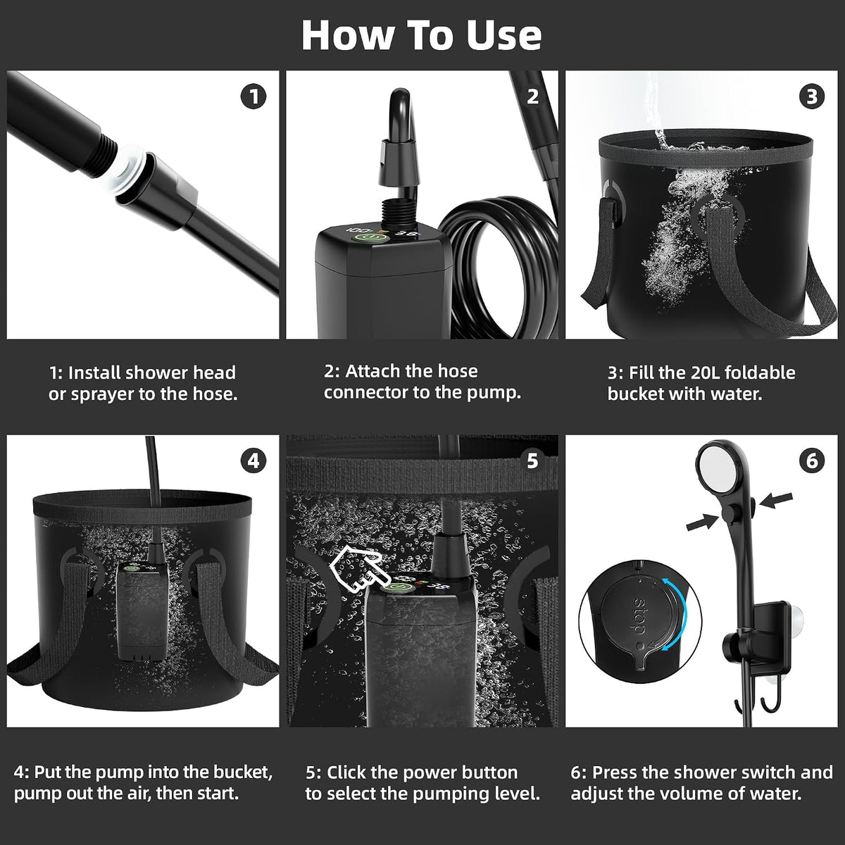 Moriko Portable Camping Shower Kit, 6000mAh Rechargeable Pump, LED Display, Filtered Shower Head, 5 Gal Foldable Bucket