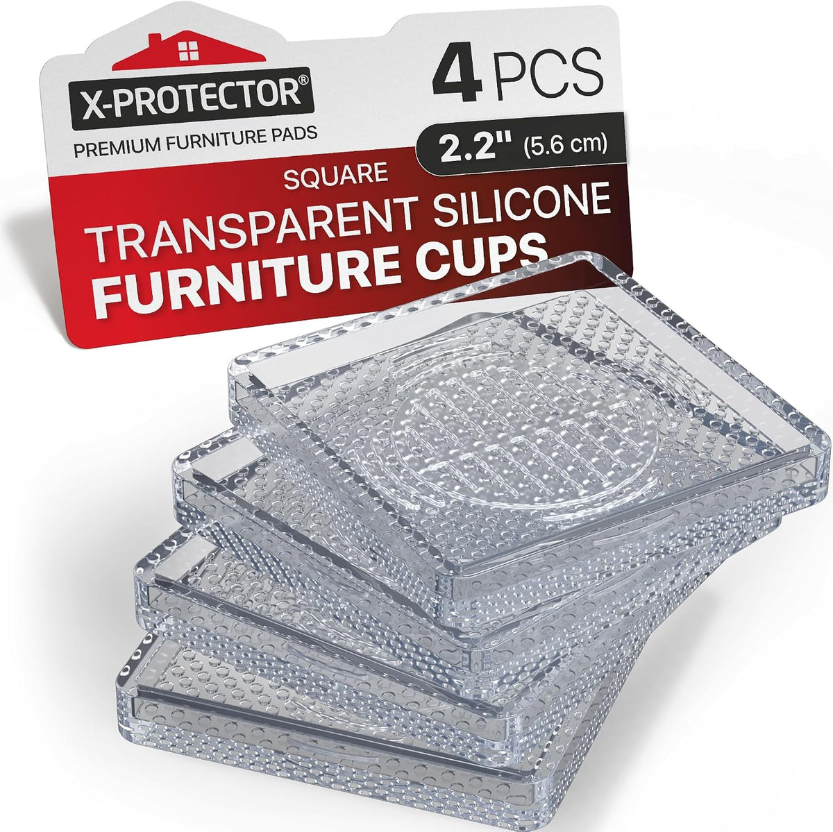 4-Pack Clear Furniture Cups, 2.2 Inch Square Non-Slip Pads for Hardwood Floors