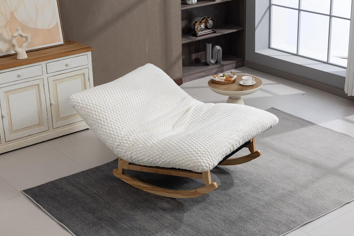 Bean Bag Rocking Chair for Adults, Solid Wood Frame, Corduroy Lazy Sofa, Antique White