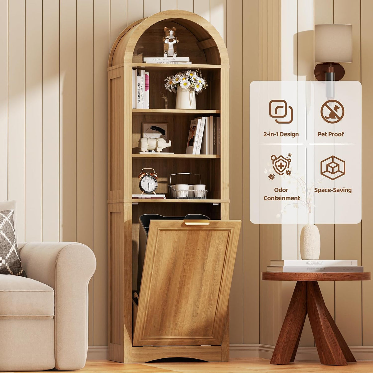 Arched Tilt-Out Trash Can Cabinet, 13 Gallon Hidden Bin with 3-Tier Open Shelves, Natural Wood