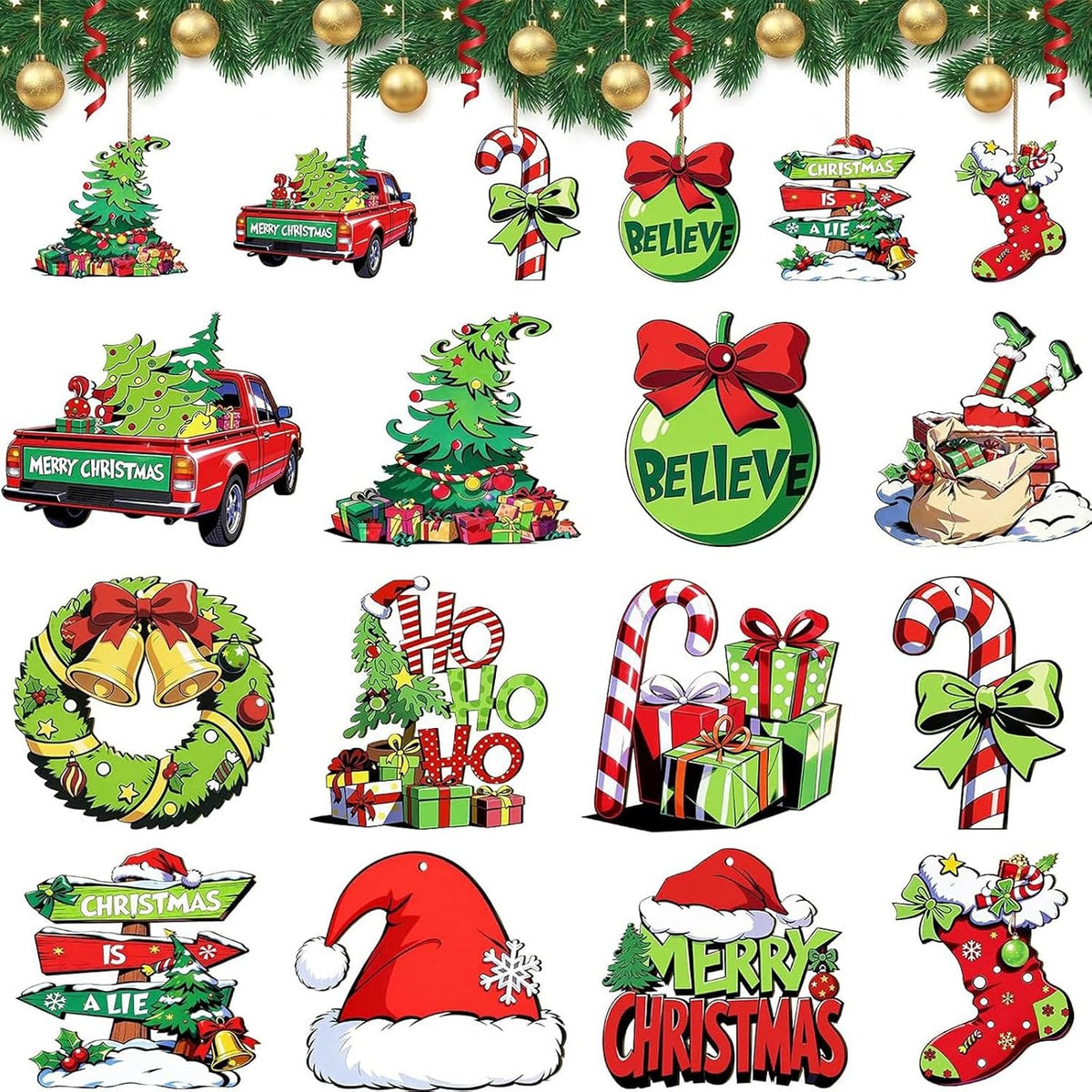 24-Piece Wooden Christmas Hanging Ornaments, Green Tree Decorations in Classic Patterns