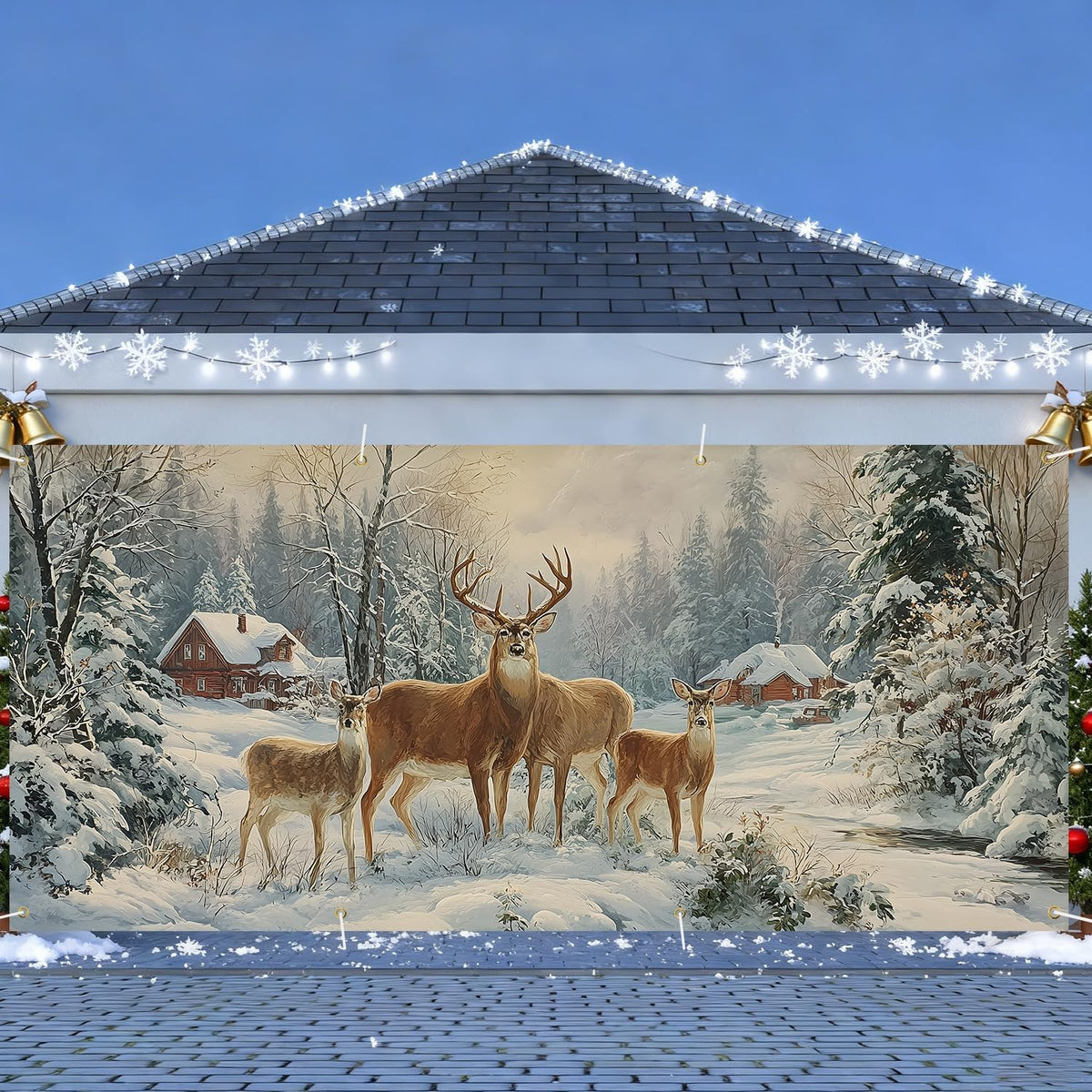 6 x 13 ft Winter Deer Christmas Garage Door Banner, Snowy Forest Cabin Scene