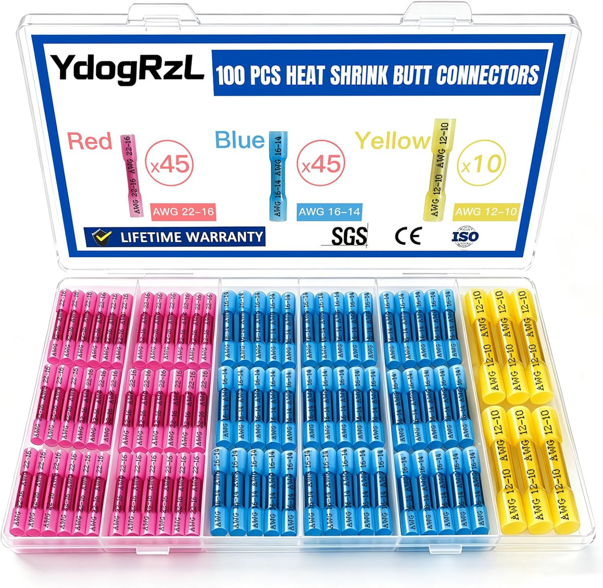 100-Piece Heat Shrink Wire Butt Connectors Kit, 22-10 Gauge Waterproof Splice Set