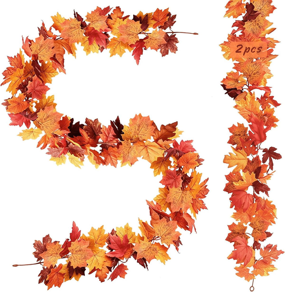 2-Pack Fall Maple Leaf Garland, 5.9 ft Each, Artificial Autumn Hanging Vine