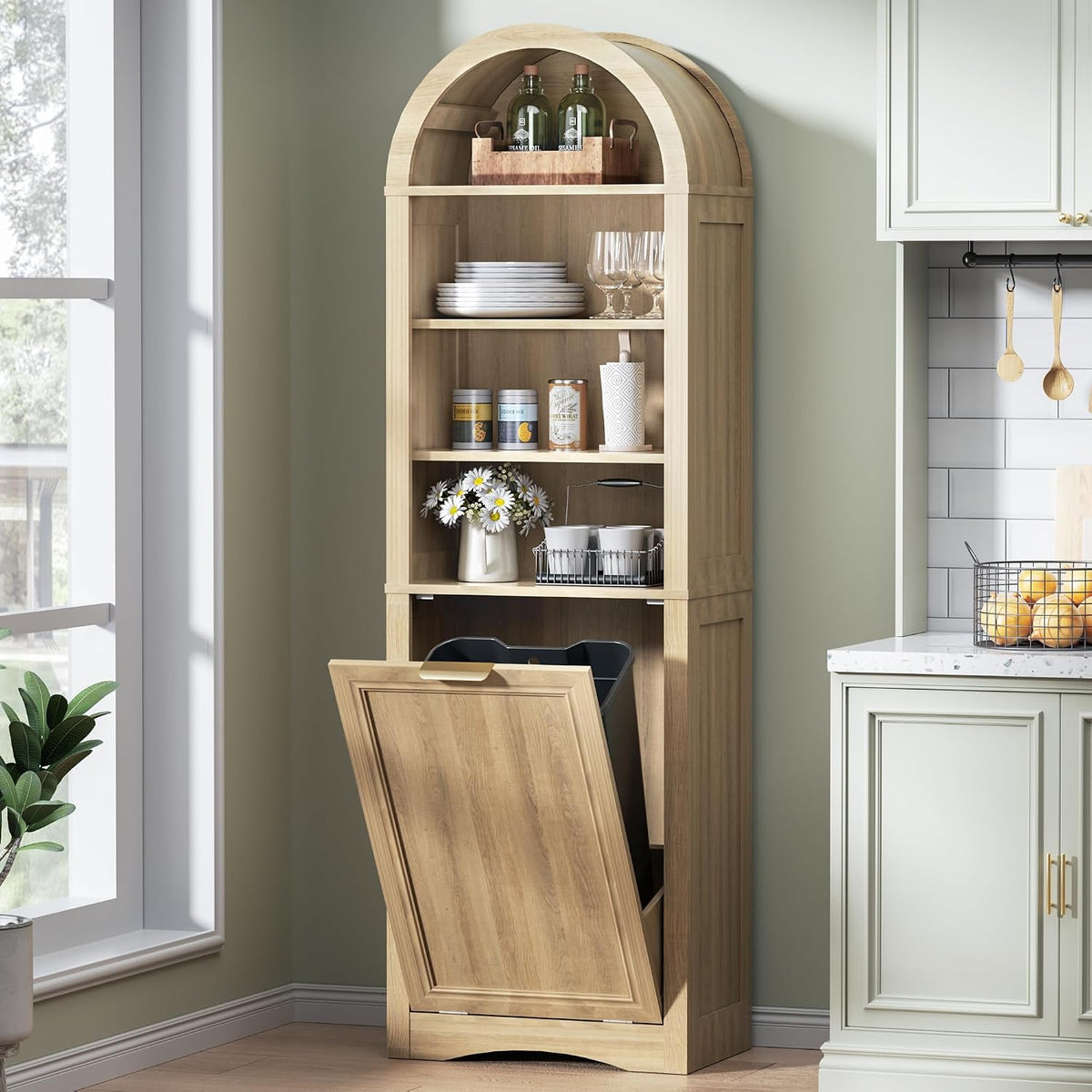 Arched Tilt-Out Trash Can Cabinet, 13 Gallon Hidden Bin with 3-Tier Open Shelves, Natural Wood