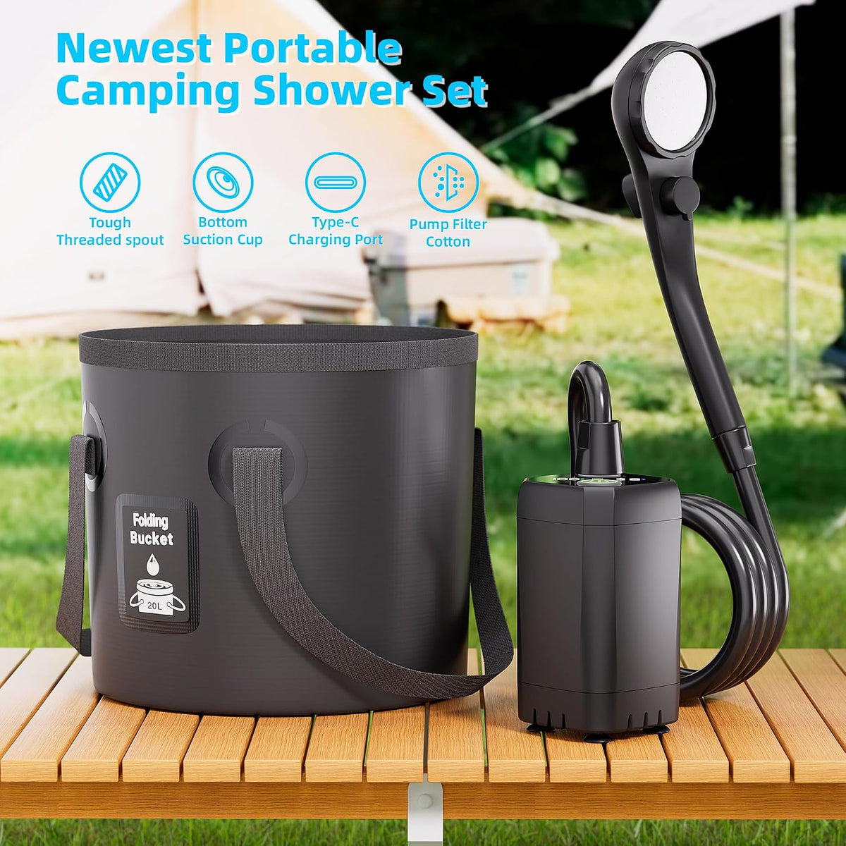 Moriko Portable Camping Shower Kit, 6000mAh Rechargeable Pump, LED Display, Filtered Shower Head, 5 Gal Foldable Bucket