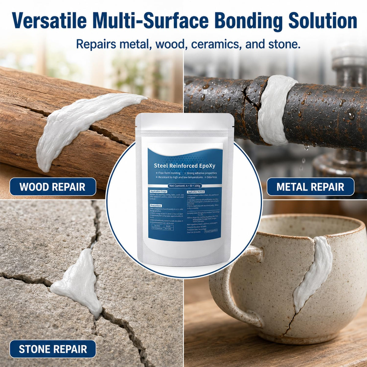 Steel Reinforced Epoxy Putty, 100g Two-Part Fast Repair Clay for Metal, Pipes, Wood, Ceramic & Plastic