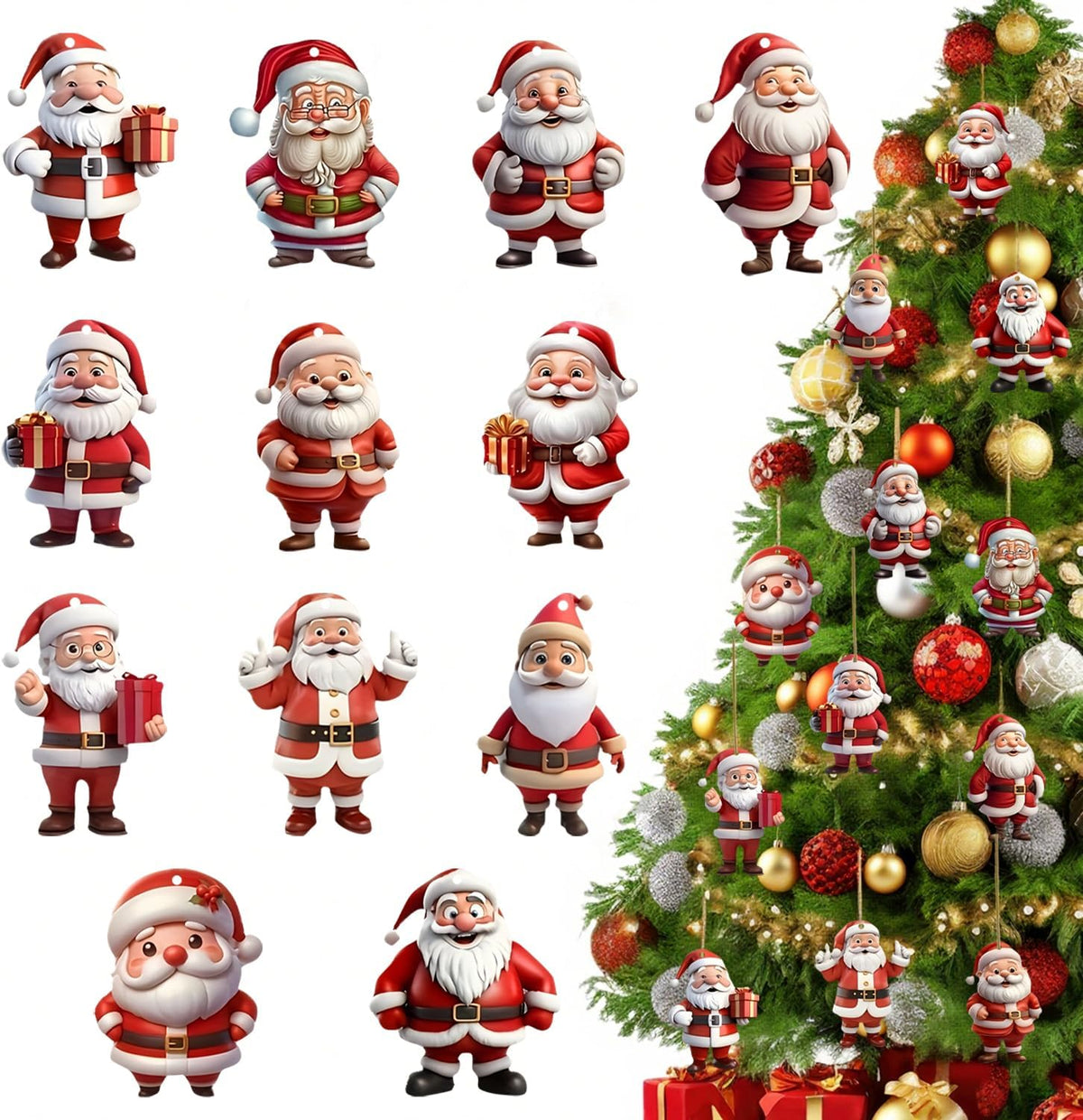 12-Piece Cartoon Santa Claus Christmas Tree Ornaments, Acrylic Hanging Decorations
