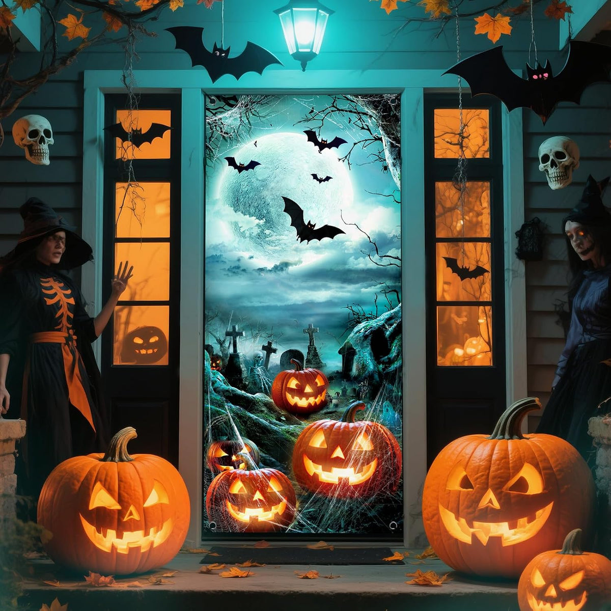 Halloween Door Cover, 79 x 35 in Pumpkin Banner with Moonlit Night and Dead Trees