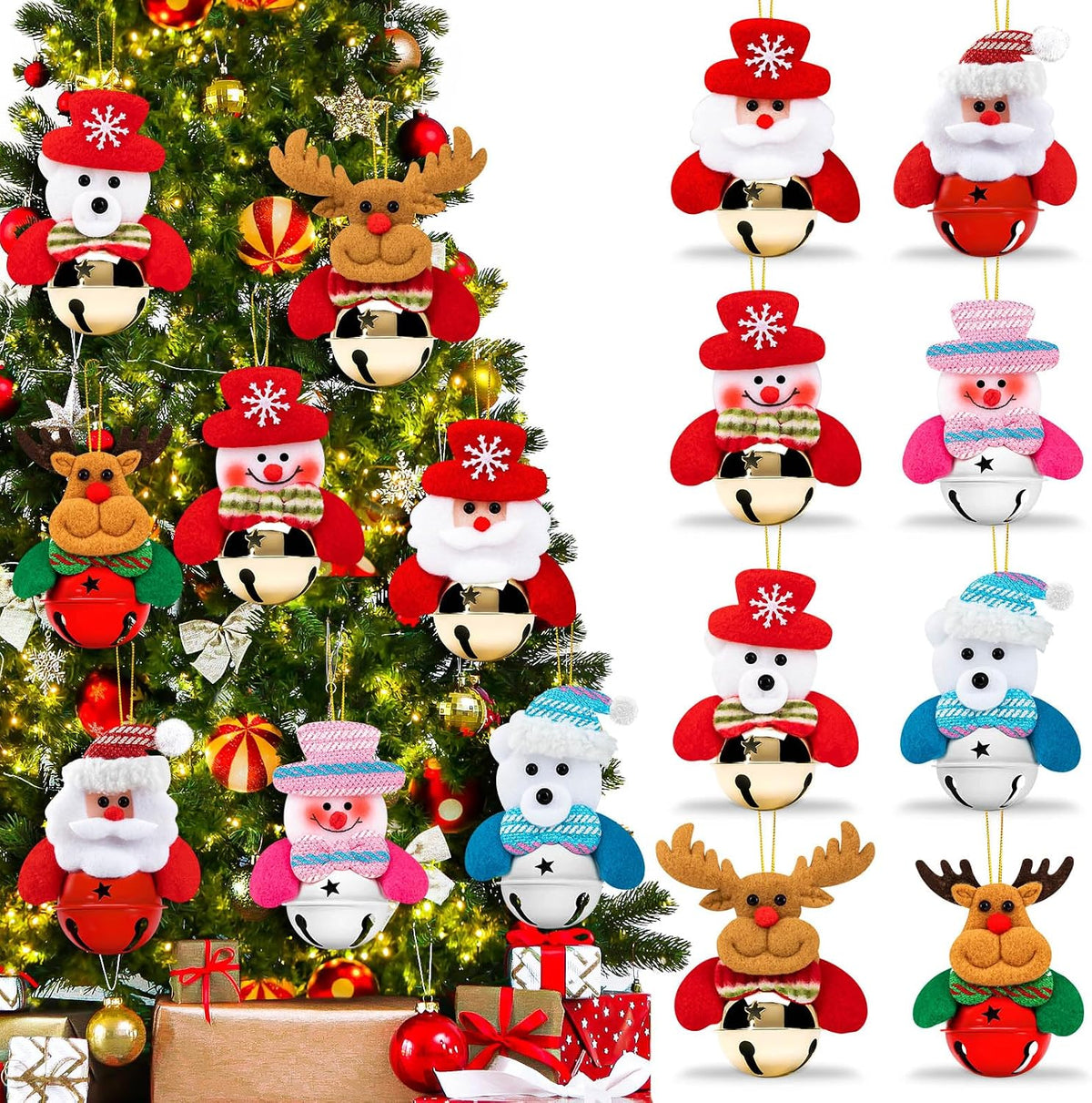 8-Piece Christmas Plush Bell Ornament Set, Santa and Bear Hanging Decorations