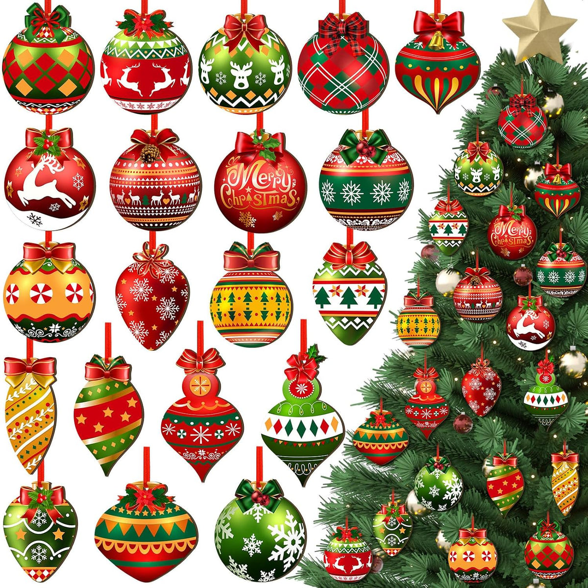 40-Piece Wooden Christmas Ball Ornaments, Red and White Hanging Tree Decor