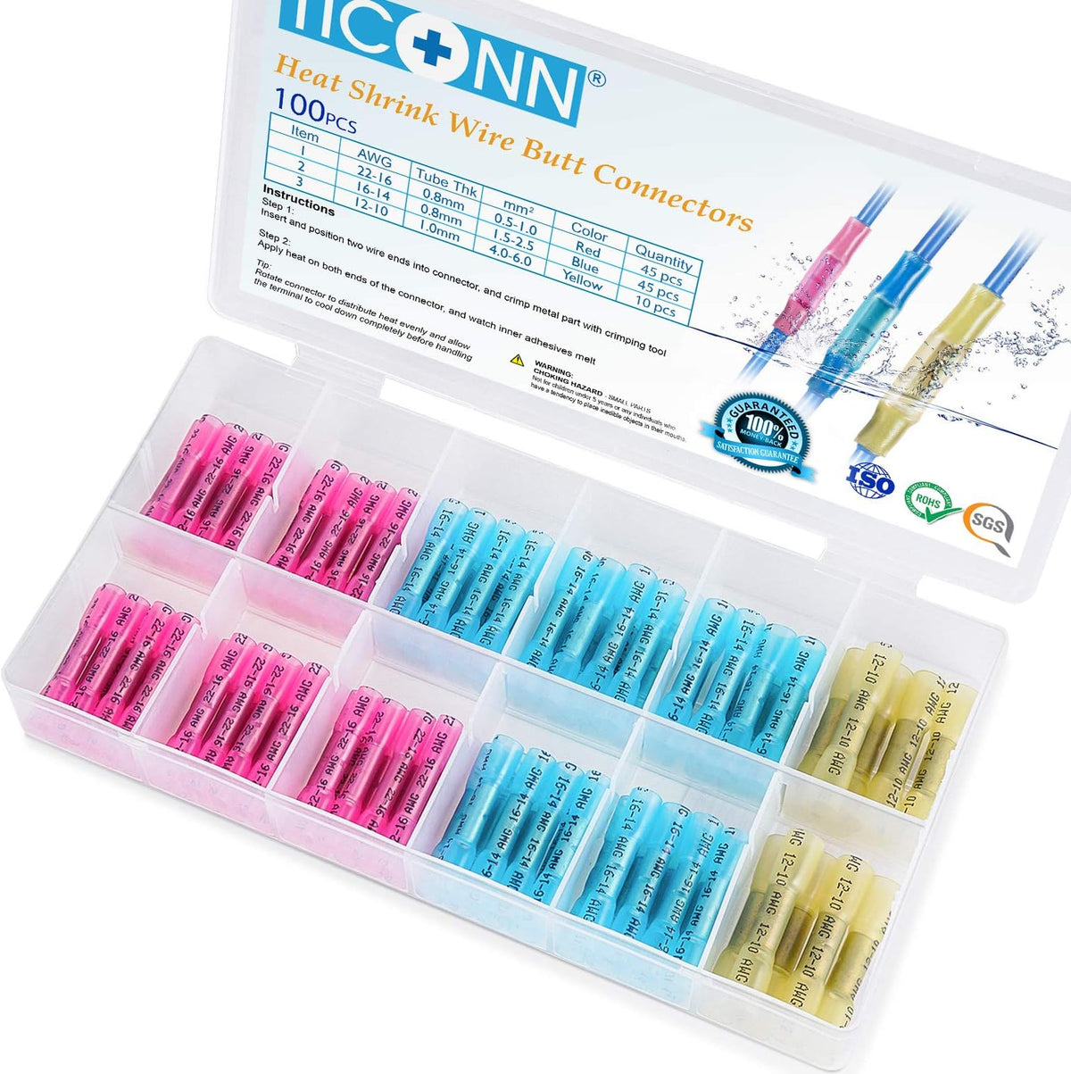 100-Piece Heat Shrink Butt Connectors Kit, Waterproof Crimp Splice Terminals, 22-10 AWG