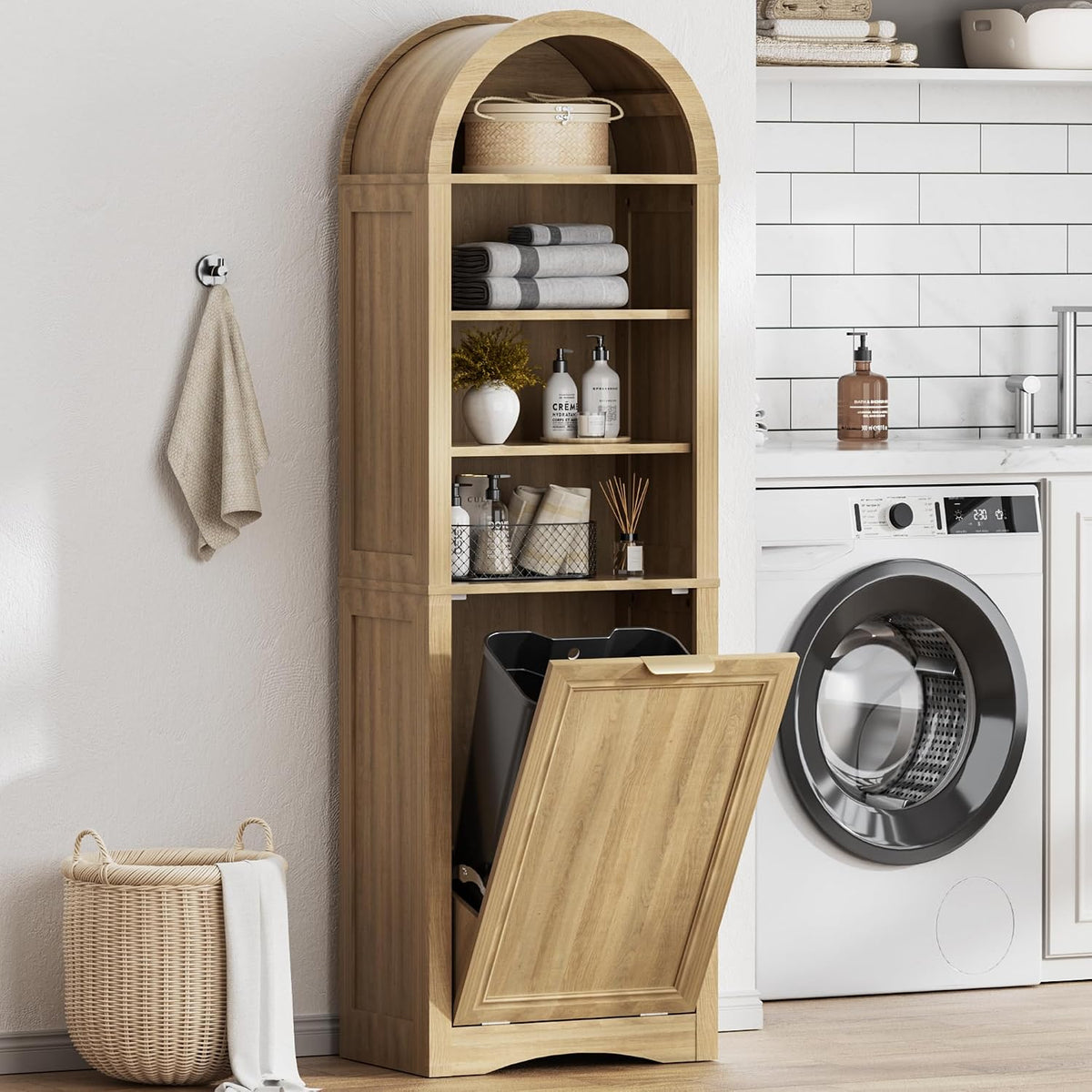 Arched Tilt-Out Trash Can Cabinet, 13 Gallon Hidden Bin with 3-Tier Open Shelves, Natural Wood