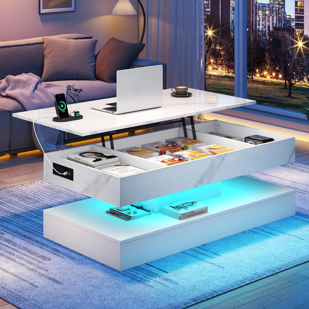 47.2" Lift Top Coffee Table with LED Lights, Charging Station & Hidden Storage, White Marble