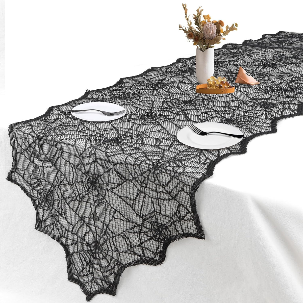 Halloween Black Lace Spider Web Table Runner, 18 x 72 in
