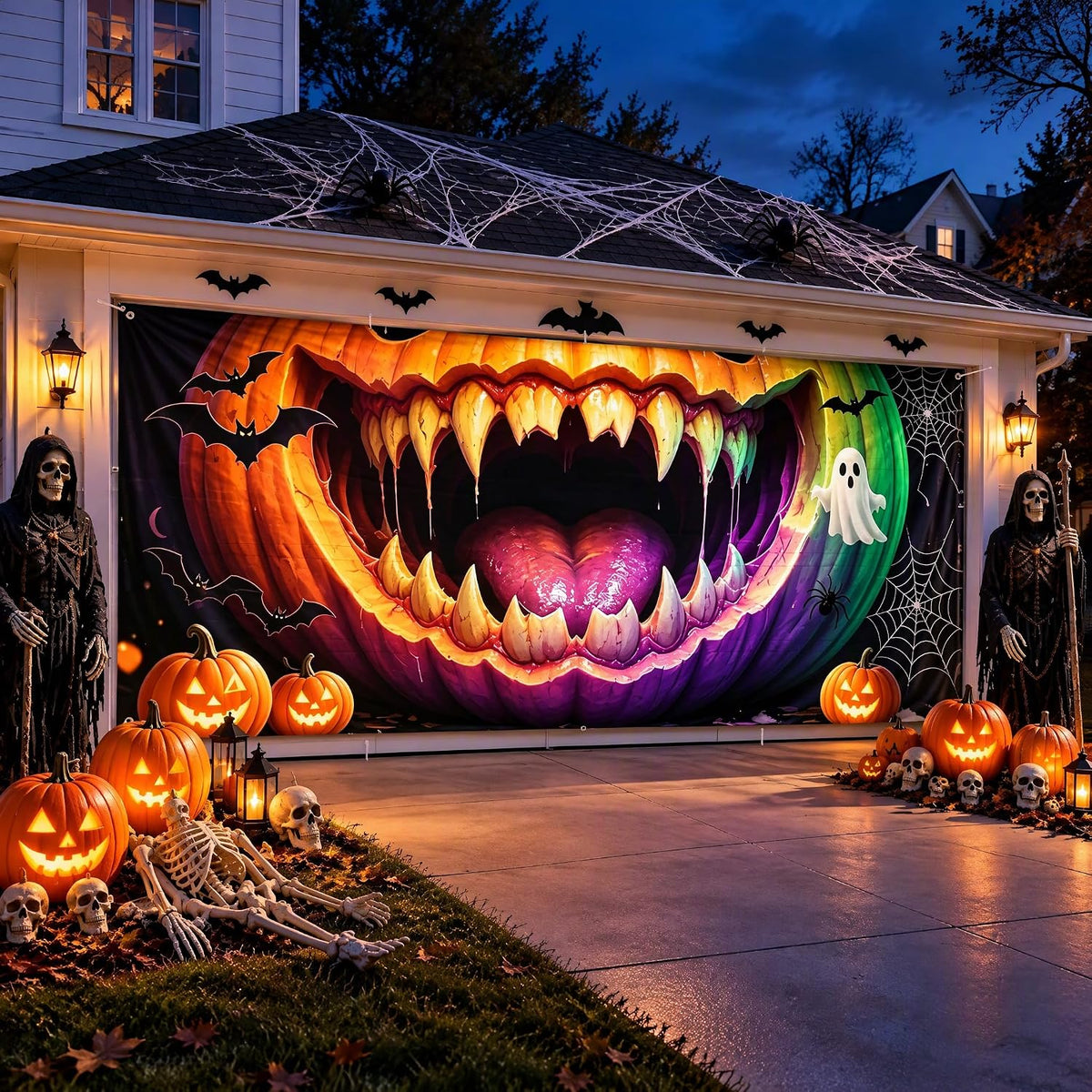 6 x 13 ft Halloween Garage Door Cover, Pumpkin Face Banner Decoration