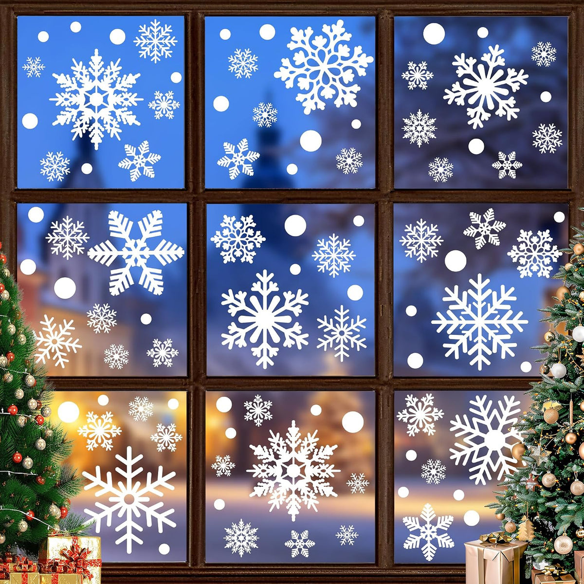 Christmas Window Clings, 9 Sheets with 116 Snowflake Decals, Double Sided
