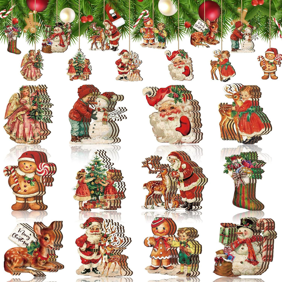36-Piece Retro Wooden Christmas Tree Ornaments, Vintage Snowman Hanging Decor