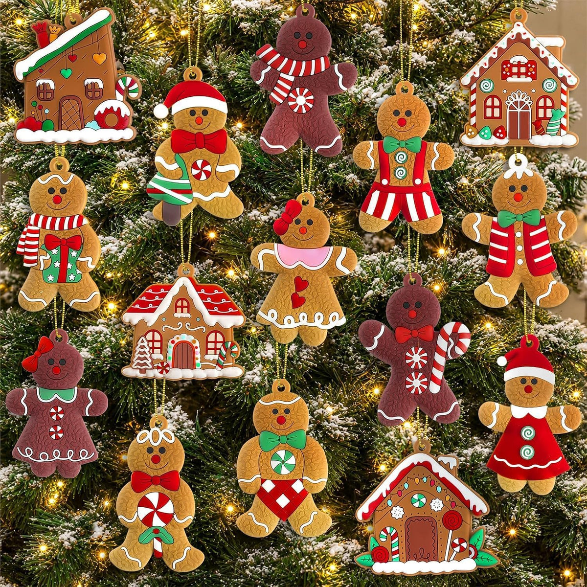 16-Piece Gingerbread Man Christmas Tree Ornaments, Soft Rubber Hanging Decorations
