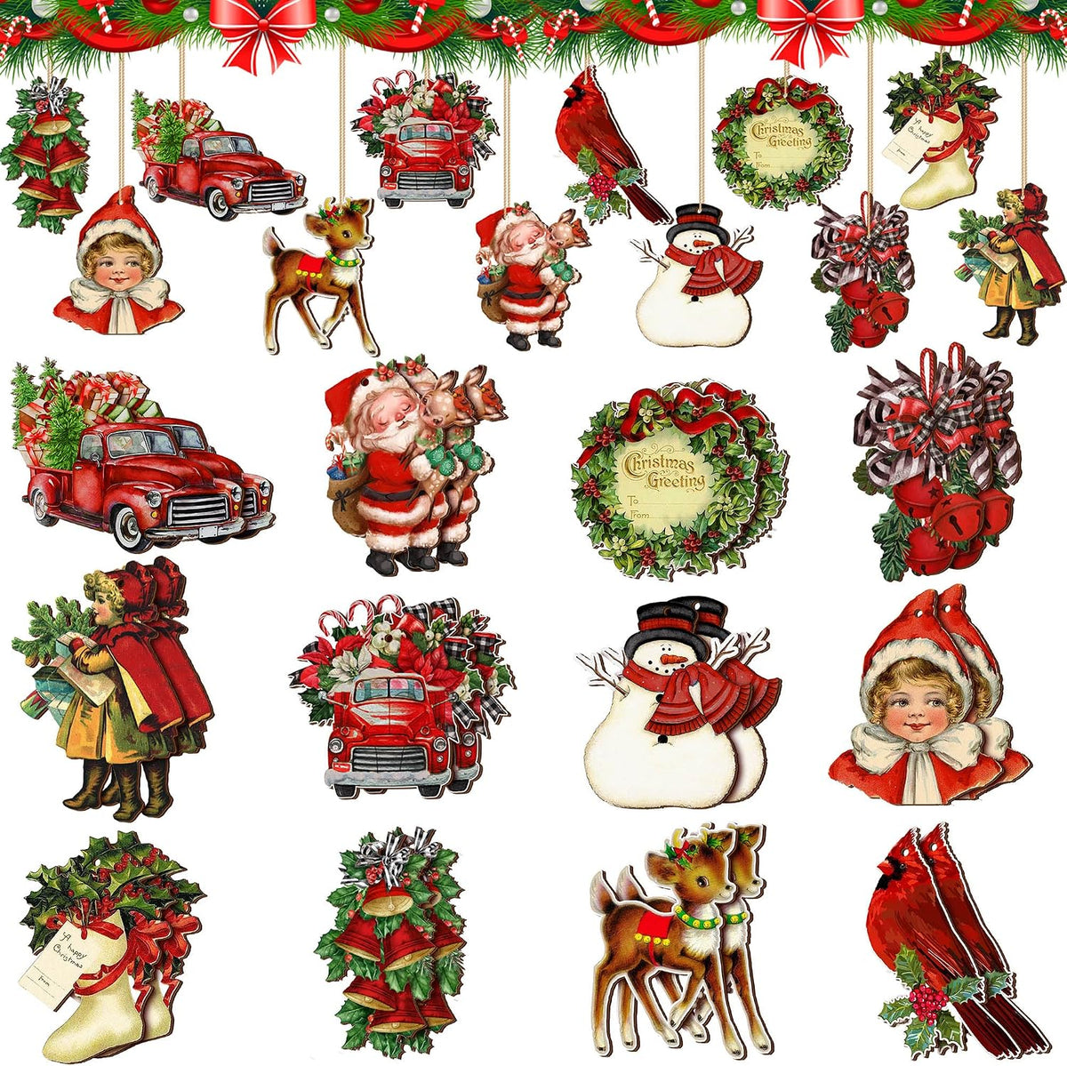 24-Piece Vintage Wooden Christmas Hanging Ornaments, 12 Styles