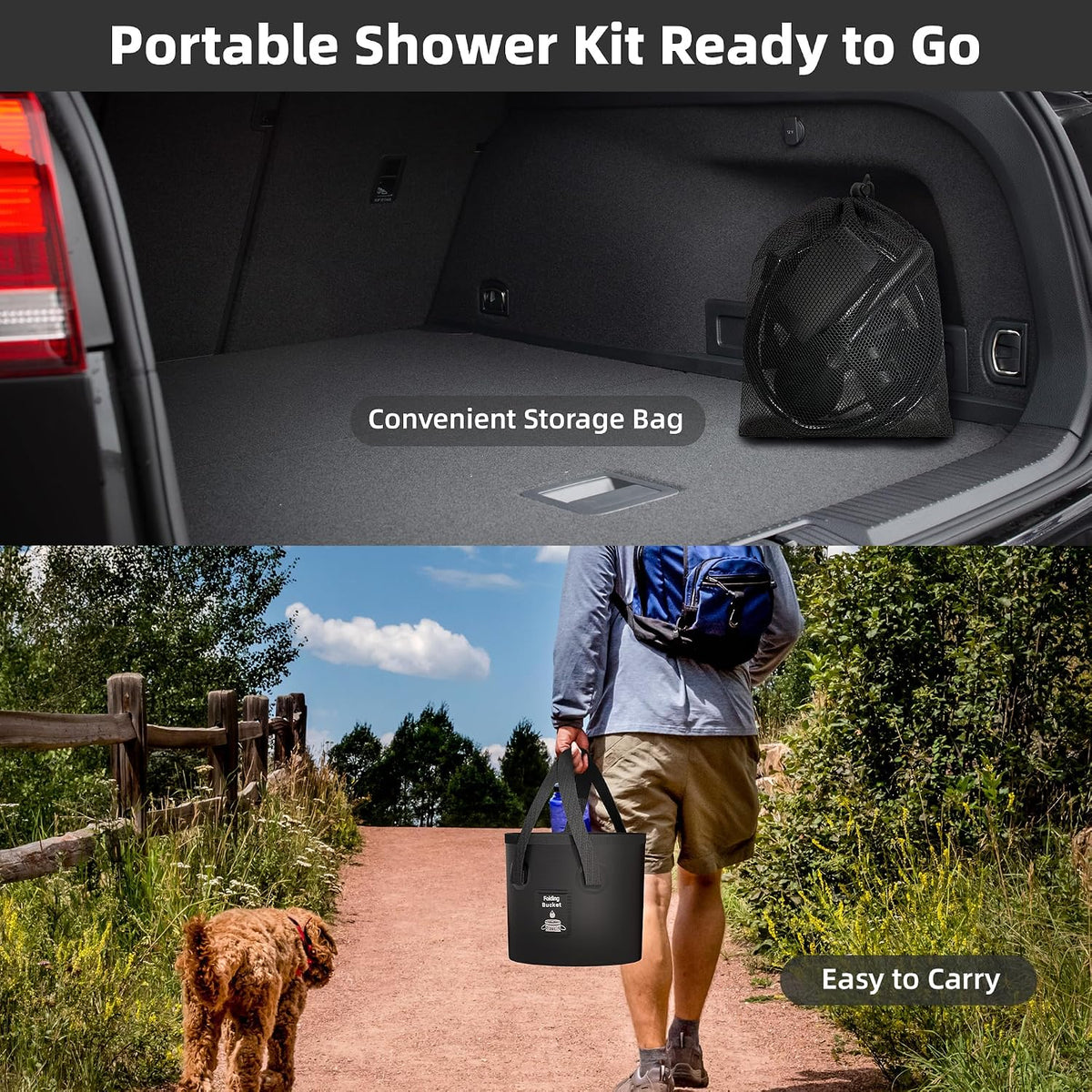 Moriko Portable Camping Shower Kit, 6000mAh Rechargeable Pump, LED Display, Filtered Shower Head, 5 Gal Foldable Bucket