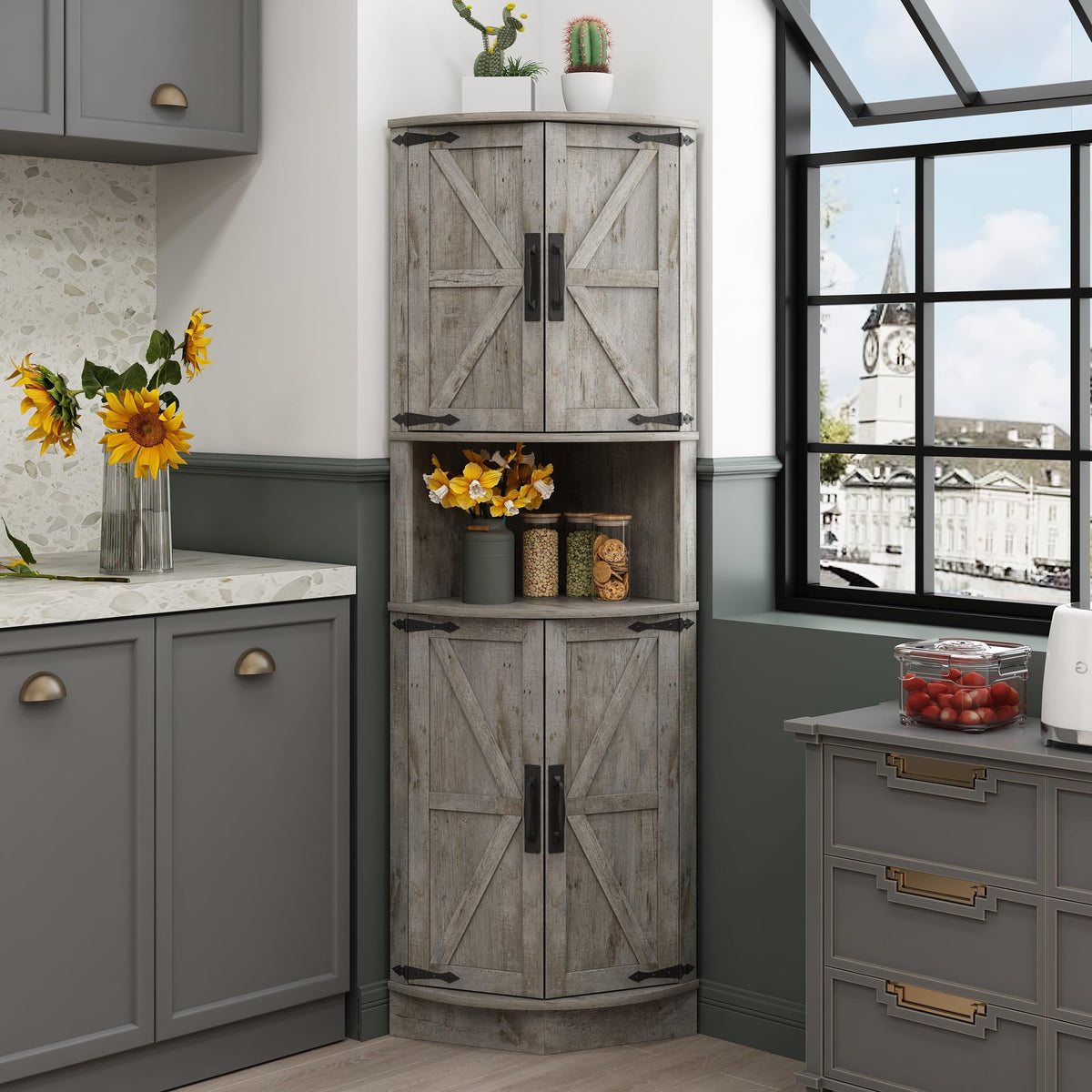 Vabches 64.8" Tall Farmhouse Corner Cabinet with 4 Barn Doors & 5 Shelves, Anti-Tip