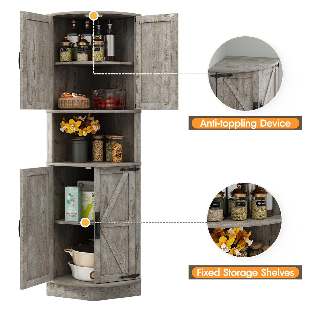 Vabches 64.8" Tall Farmhouse Corner Cabinet with 4 Barn Doors & 5 Shelves, Anti-Tip