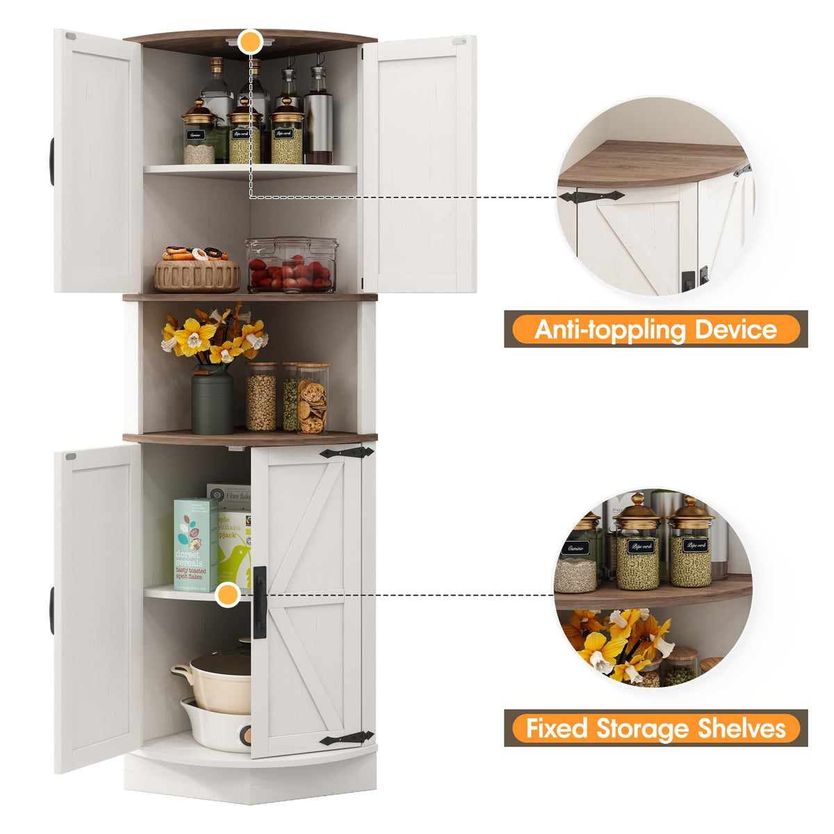 Vabches 64.8" Tall Farmhouse Corner Cabinet with 4 Barn Doors & 5 Shelves, Anti-Tip