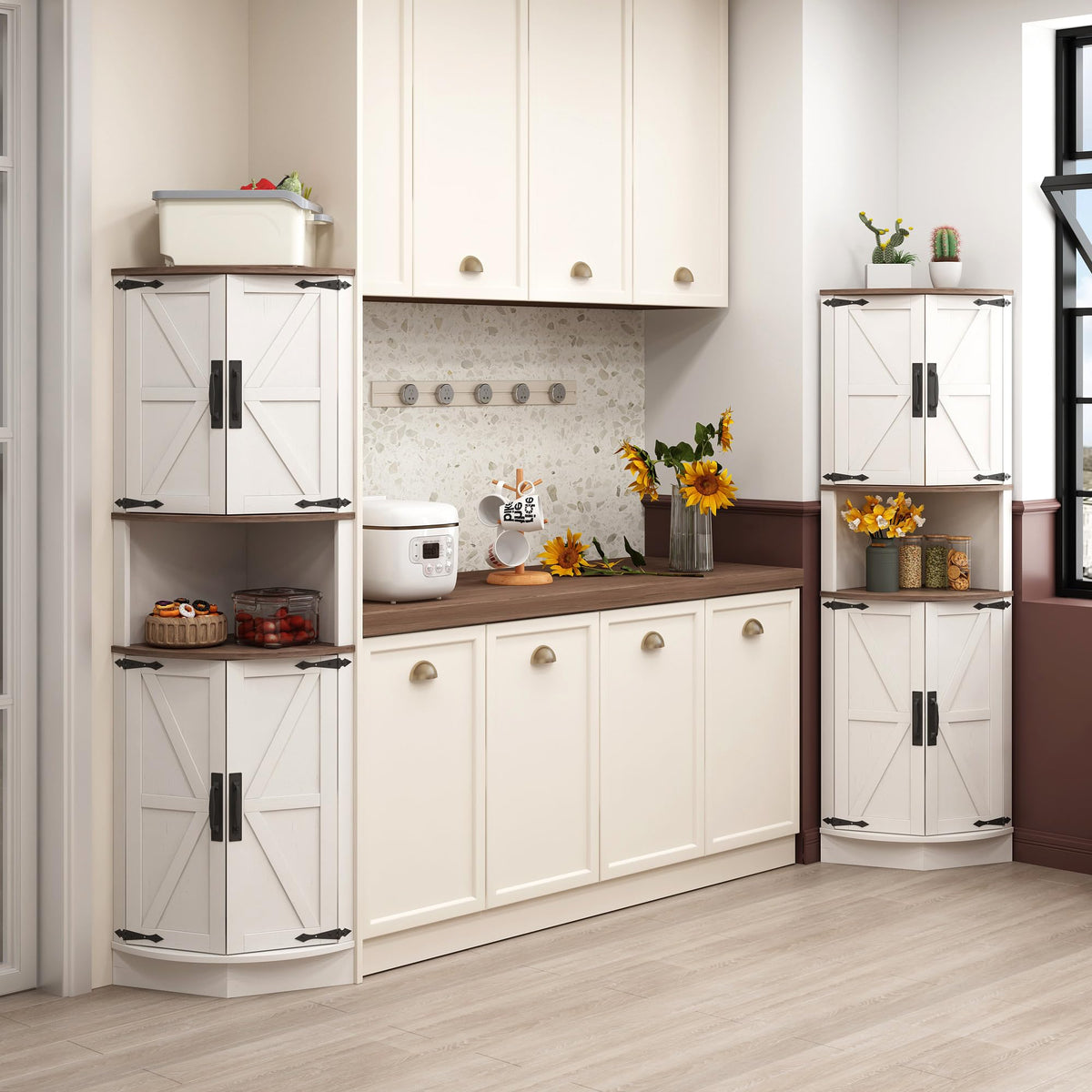 Vabches 64.8" Tall Farmhouse Corner Cabinet with 4 Barn Doors & 5 Shelves, Anti-Tip