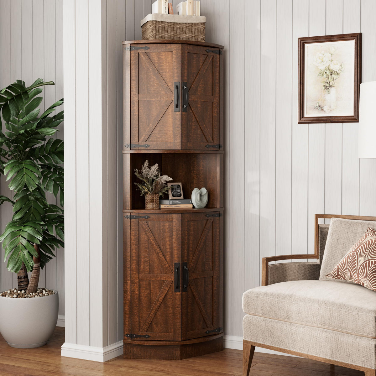 Vabches tall farmhouse corner cabinet, Brown