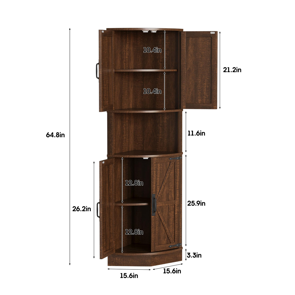 Vabches 64.8" Tall Farmhouse Corner Cabinet with 4 Barn Doors & 5 Shelves, Anti-Tip